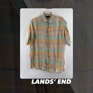 EUC Lands’ End Pastel Plaid Button Front Shirt